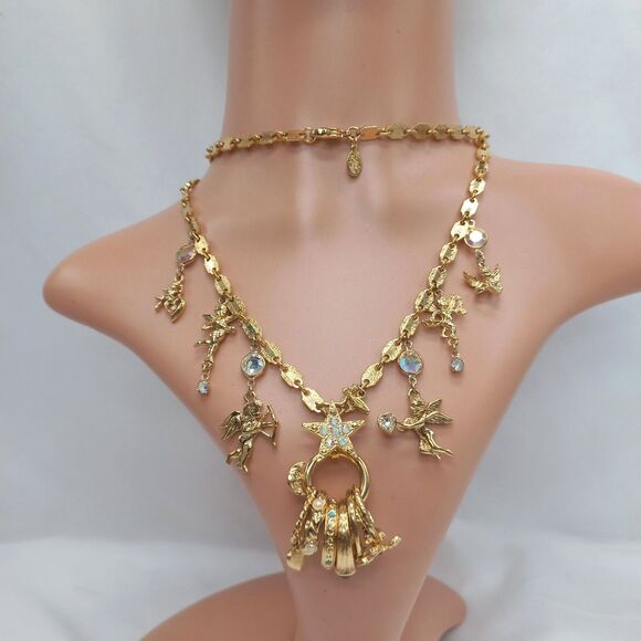 Kirks Folly Cupid Secrets of The 7 Angels Rings Gold Tone Long Necklace Vintage - Picture 1 of 11